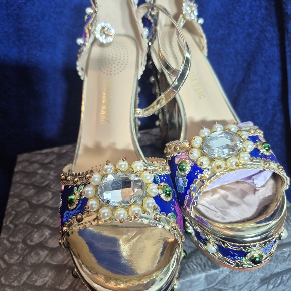 AZALEA WANG SAPPHIRE BLUE SATIN JEWELED PLATFORM SANDALS - Picture 2 of 6